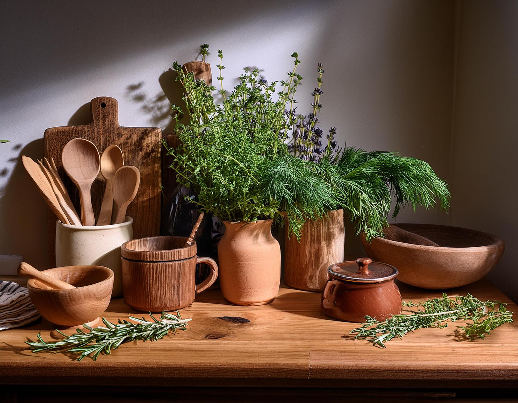 Small warm studio kitchen with utensils and herbs