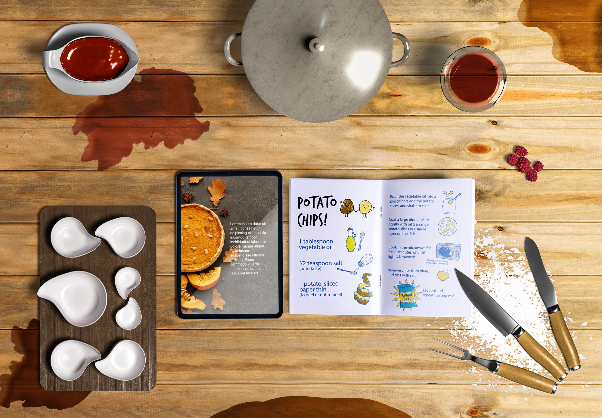 Assorted cooking tools and subscription booklet